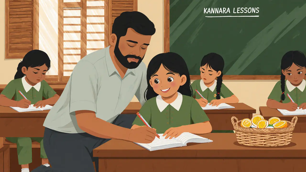 A bishop helping a student write in a classroom at a mission school.
