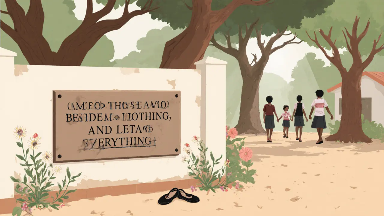 A quiet plaque at a mission school entrance with the words &#039;For those who came with nothing, and left with everything.&#039;