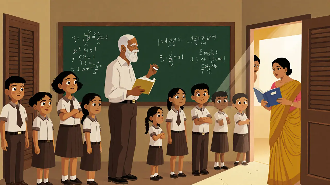 Mor Polycarpus teaching children in a small classroom with a chalkboard.