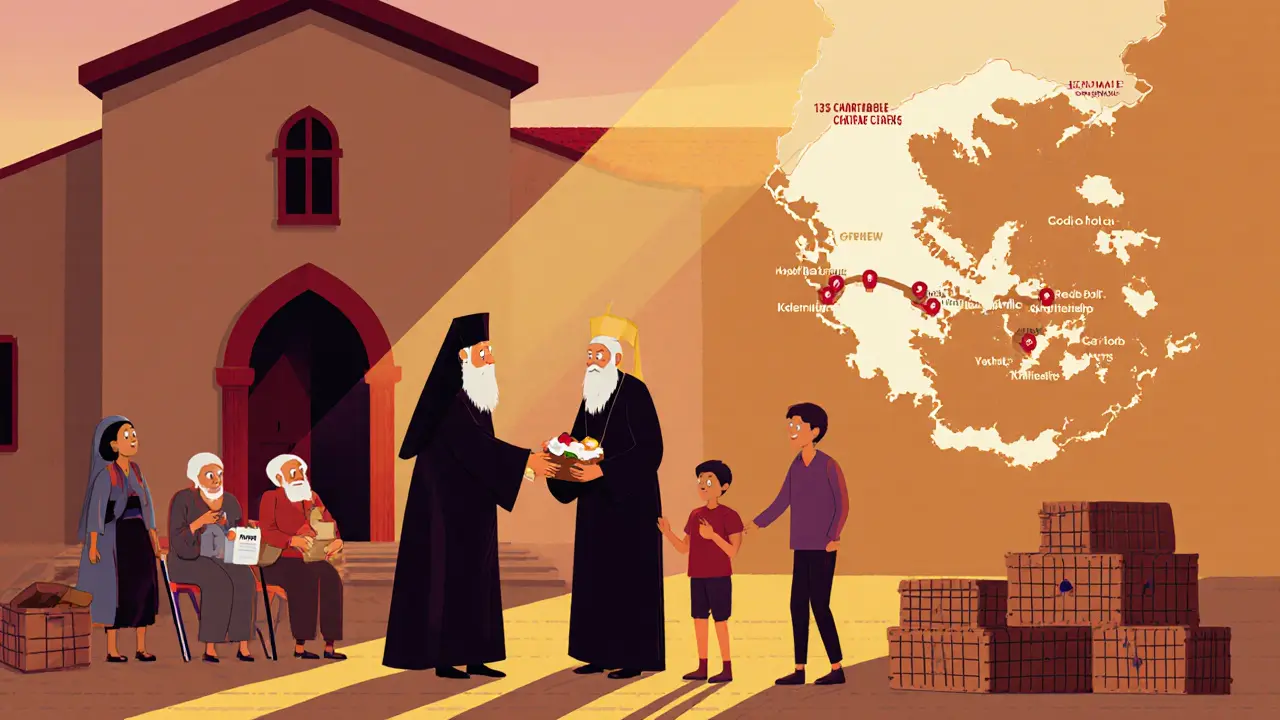 A priest distributing food to families outside a church turned community aid center during Greece&#039;s crisis.