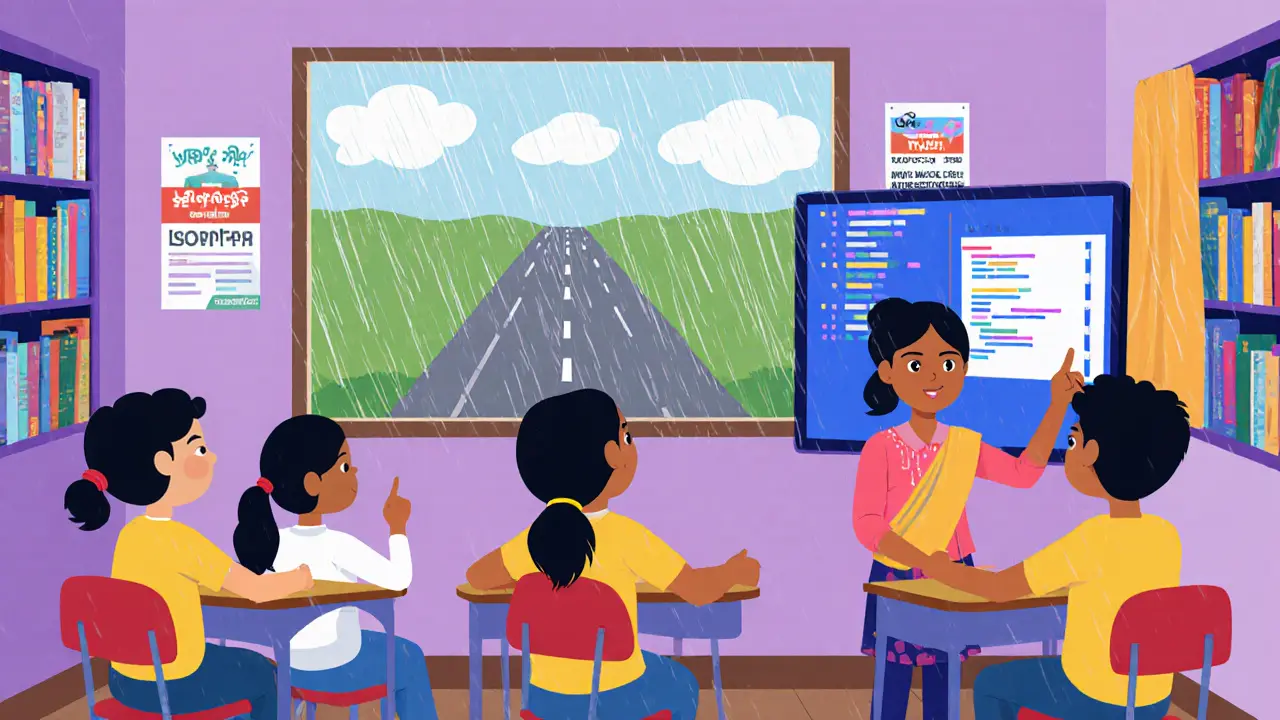 Children learn coding on computers in a clean classroom with English-only instruction in rural Kerala.