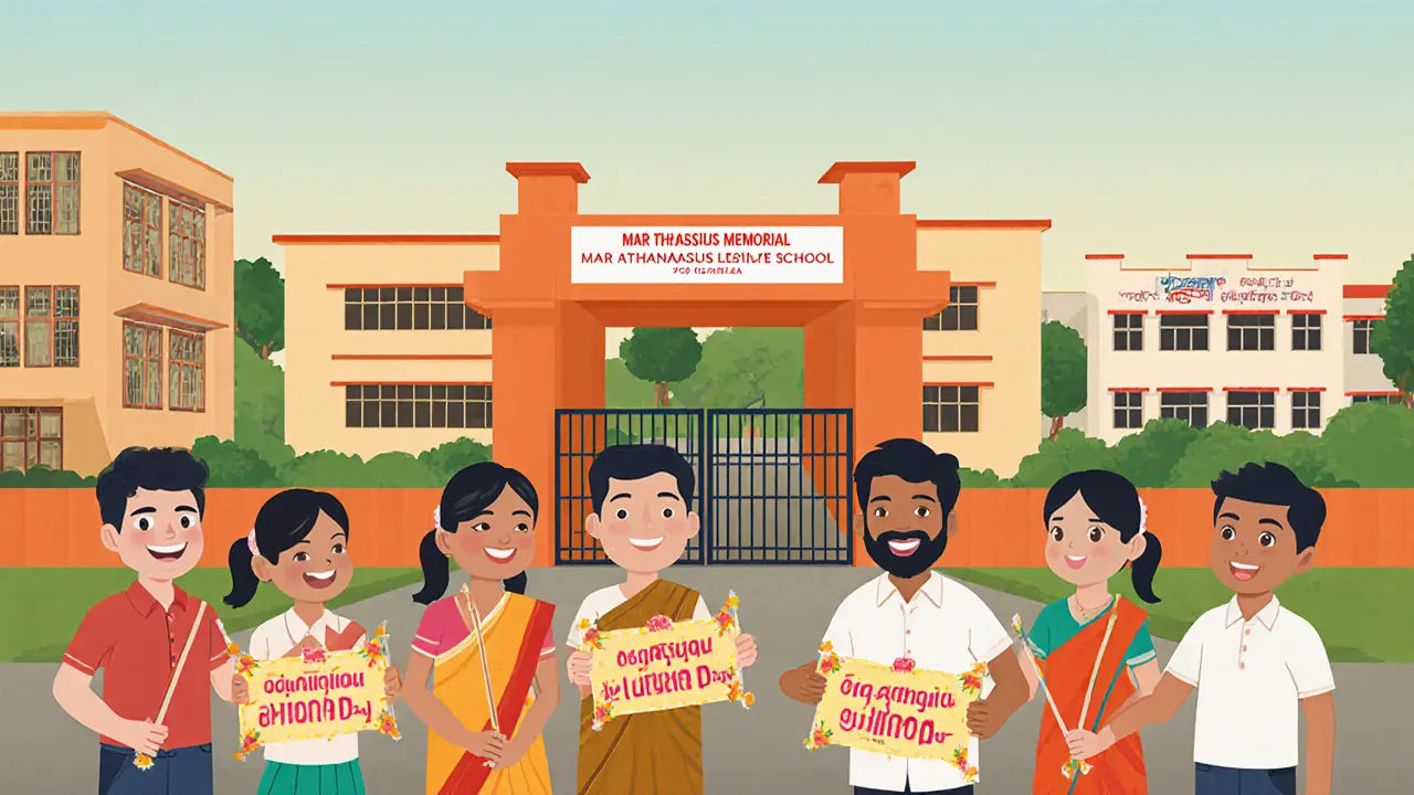 Families gather outside the school gate during annual day, celebrating education in a quiet rural community.