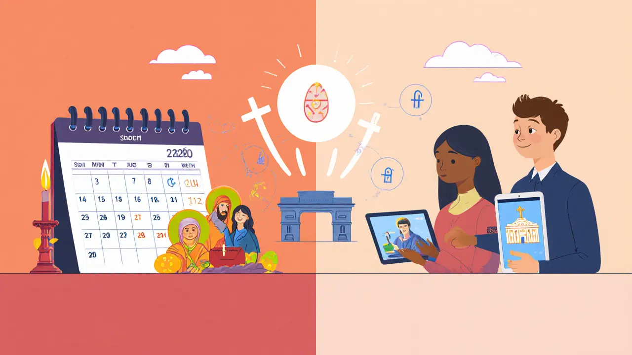 Traditional Orthodox liturgy on a tablet screen, connected to young people across the world in a digital faith network.