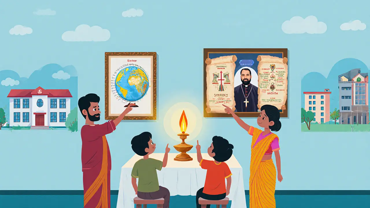 A Kerala family looking at two portraits of Catholicos, one connected to global dioceses, the other to ancient archives.