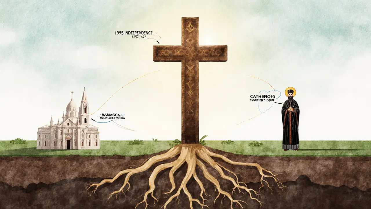 Ancient cross with two roots symbolizing the split between Malankara Orthodox and Jacobite churches.