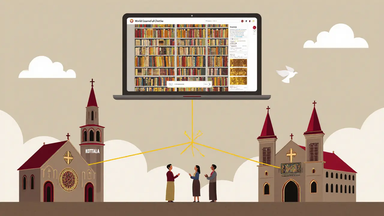 Ancient manuscripts floating above two cathedrals, connected by a thread, with global diaspora observers, flat cartoon style.