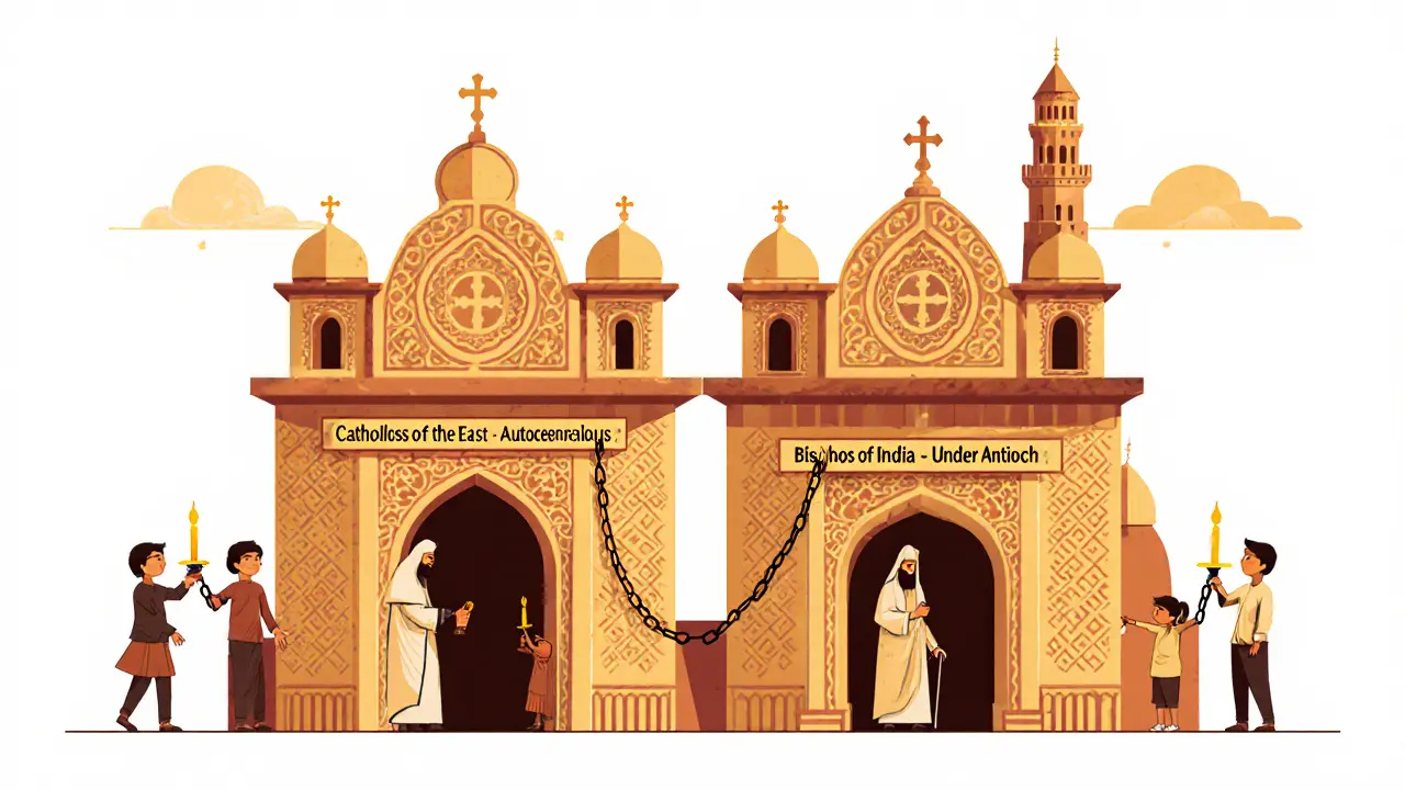 One church with two entrances, symbolizing autonomy versus allegiance to Antioch, in flat illustration style.