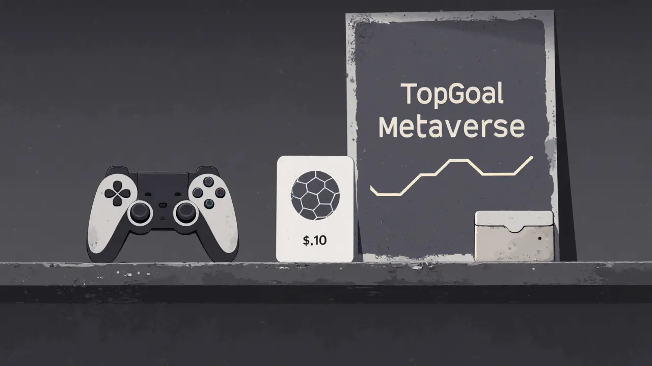 A single TopGoal NFT card on a shelf, forgotten but still glowing faintly as a digital relic.