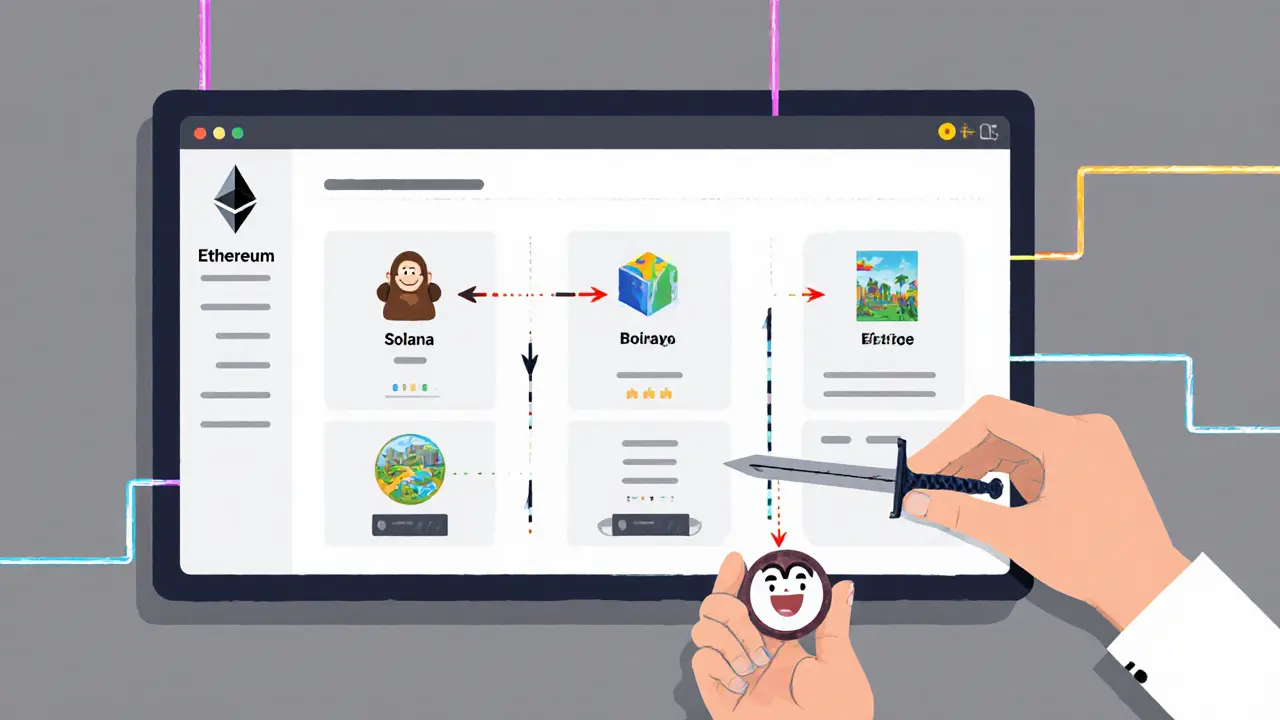 A split-screen dashboard showing seamless NFT trades across Ethereum, Solana, and Sui with a collector holding assets from all chains.