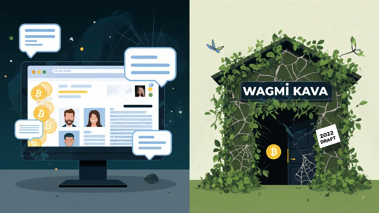 Active Kava Swap contrasted with abandoned Wagmi (Kava) site covered in vines and decay.