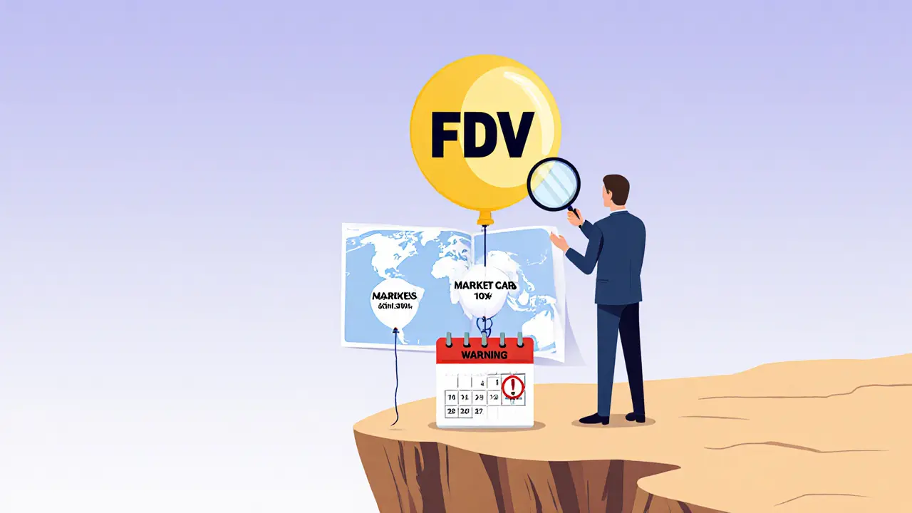 An investor on a cliff watching a giant FDV balloon inflate while Market Cap stays small.