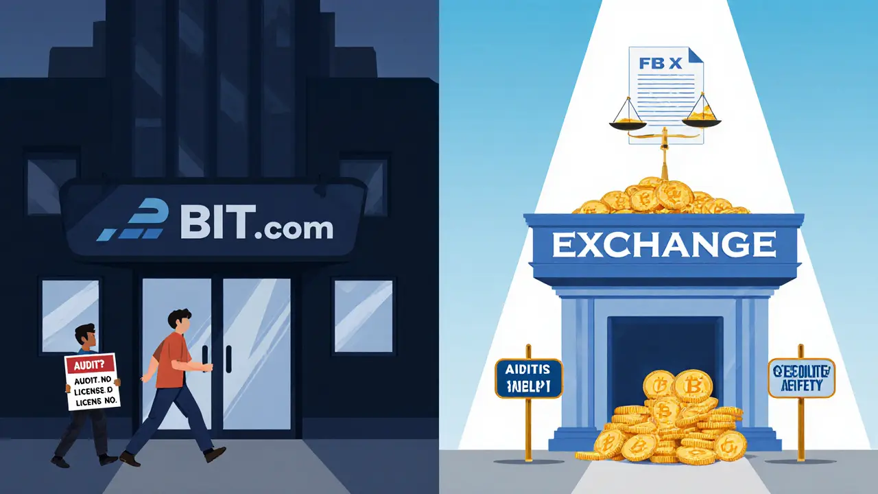 Flat illustration contrasting an unregulated crypto exchange with a locked exit against a regulated one with clear safety signs.