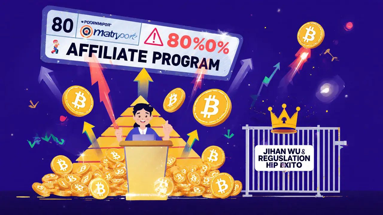 Flat illustration of a trader surrounded by Bitcoin options and a giant 80% affiliate pyramid under a shadowy company logo.