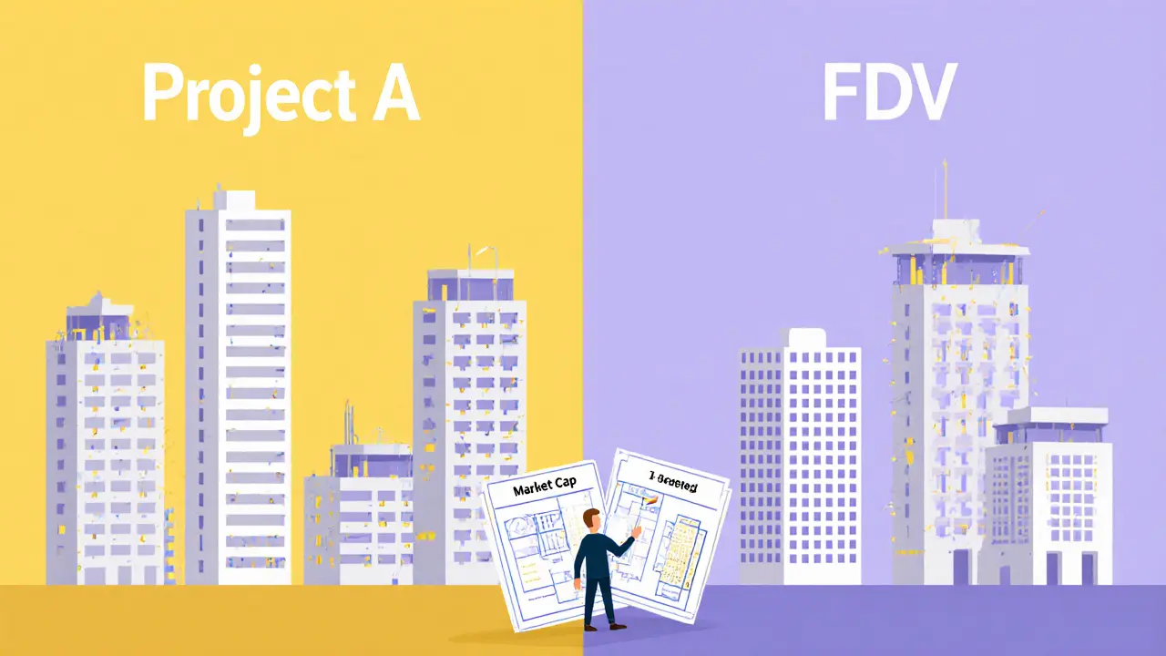 Two city skylines showing different levels of token supply release, one half-built, one complete.