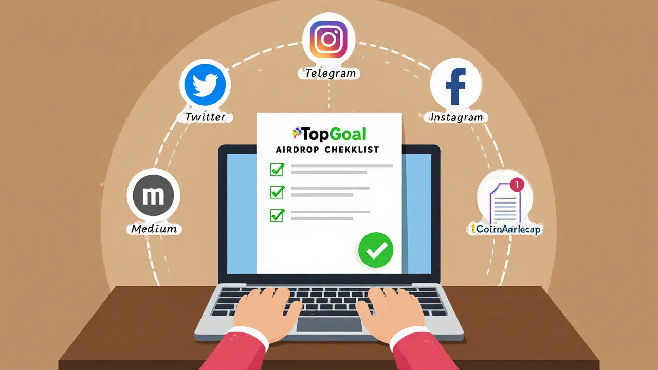 User completing six social and crypto steps to claim a TopGoal NFT airdrop on laptop.