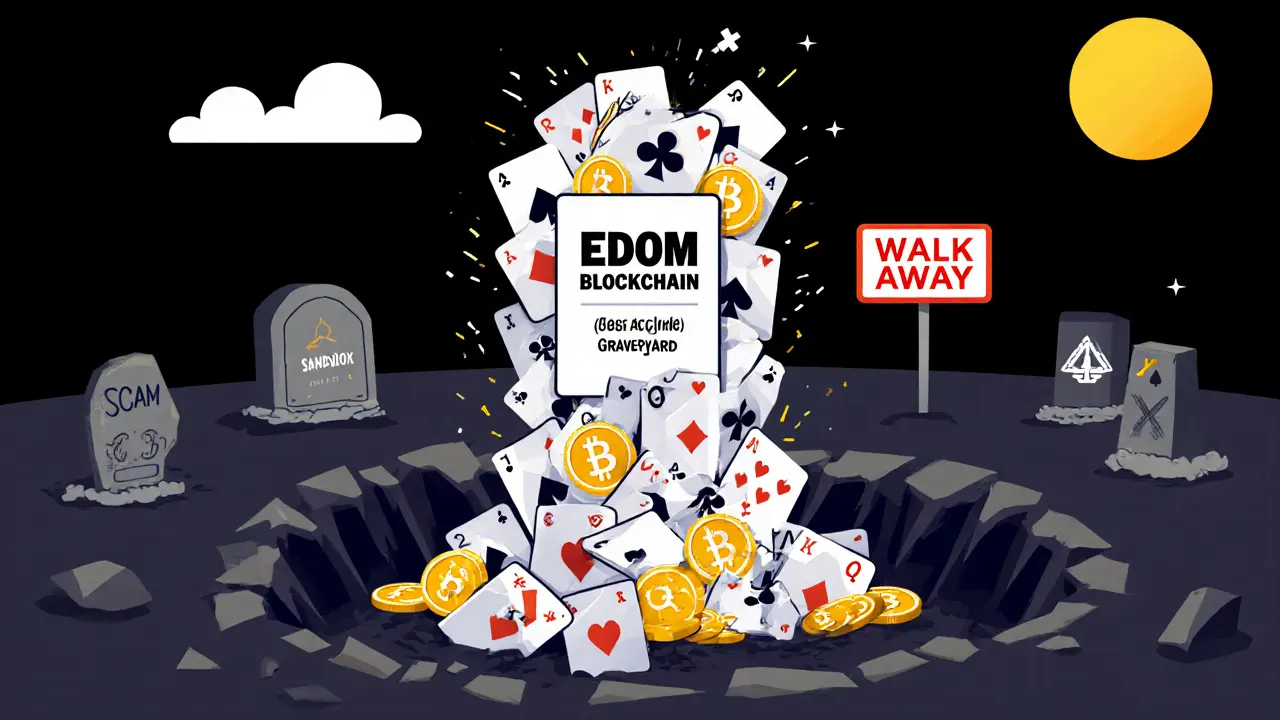 A collapsing EDOM tower falling into a scam graveyard while legitimate crypto projects shine nearby.