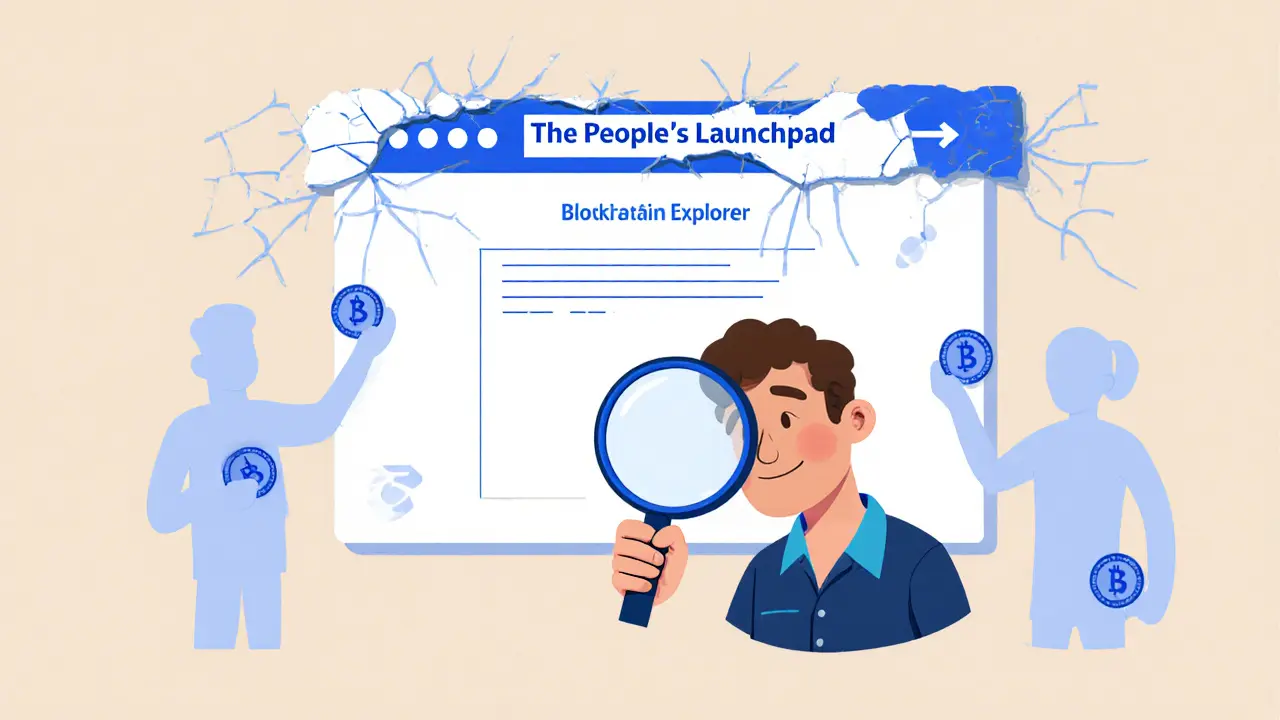 A person examining a blank blockchain screen surrounded by ghostly figures holding invisible tokens.