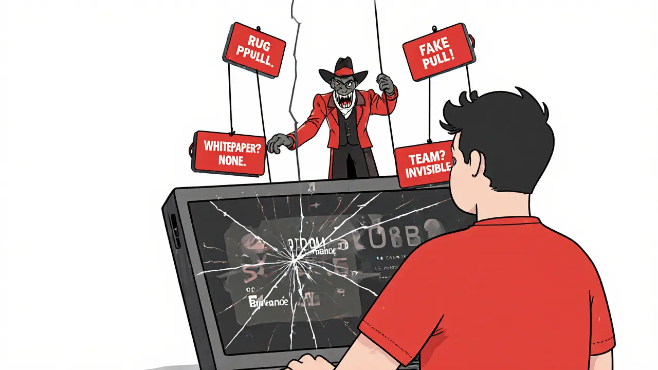 An investor surrounded by warning signs as a puppet master controls false crypto data on a cracked screen.