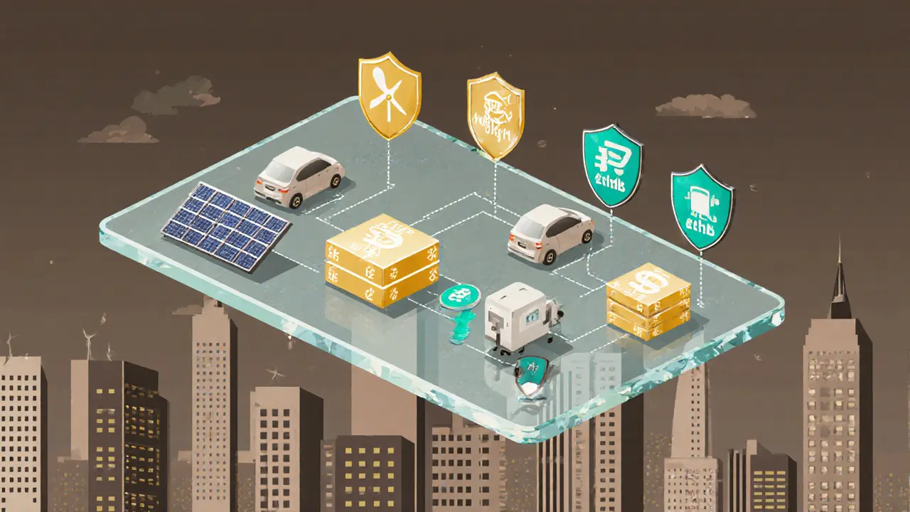 Digital blockchain ledger with energy transactions flowing between renewable sources above a city skyline.