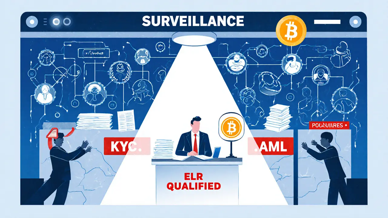 Government surveillance dashboard links wallet addresses to identities under strict ELR rules.