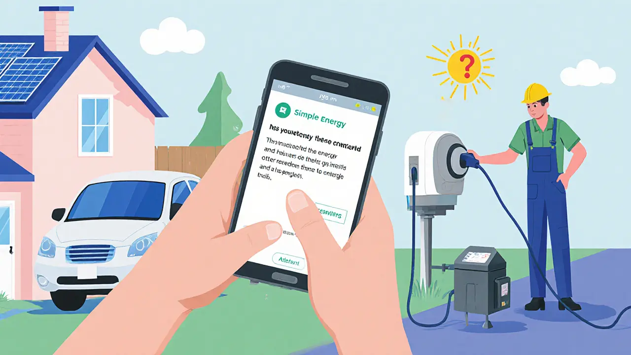 Homeowner confirming a solar energy trade with neighbor while EV charges, contrasting old and new energy systems.