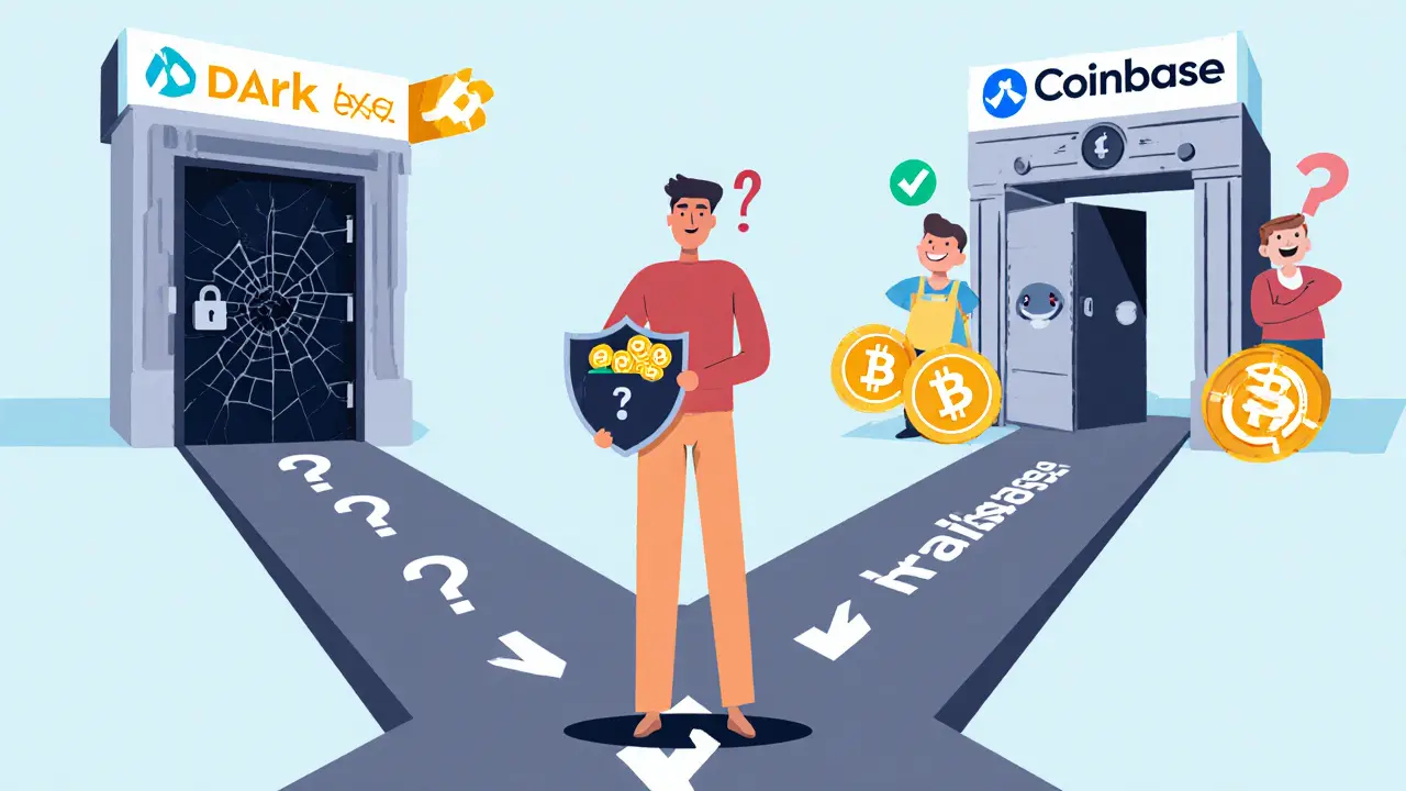 Person choosing between risky Darkex path and trusted crypto exchange paths
