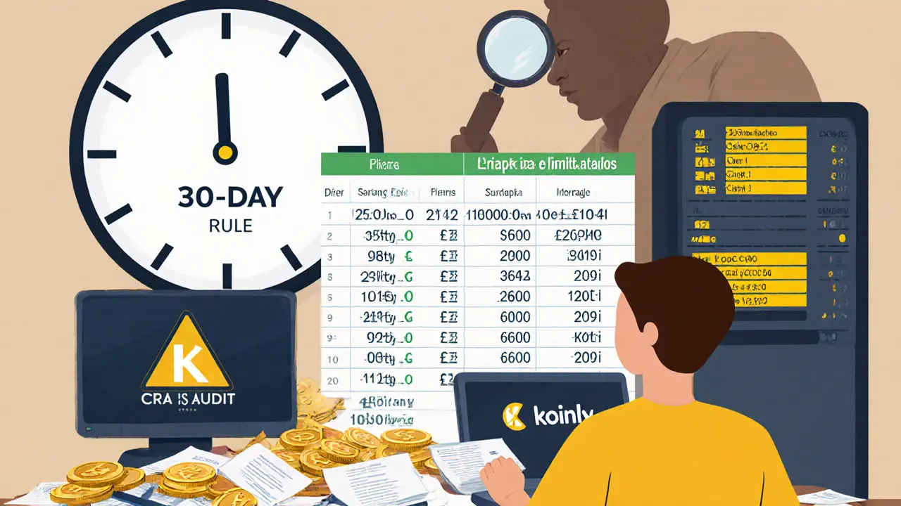 Person using crypto tax software amid transaction records and 30-day rule warning