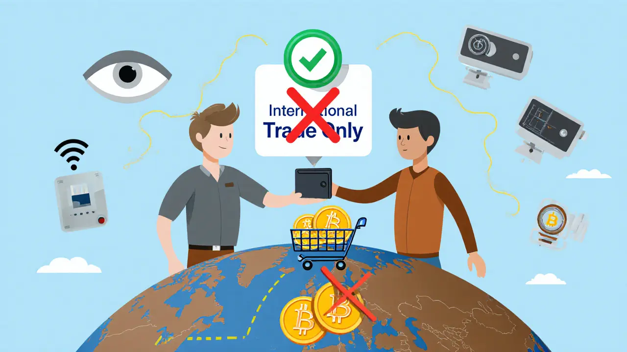 Russian exporter uses crypto for international trade while domestic use is blocked by red X.