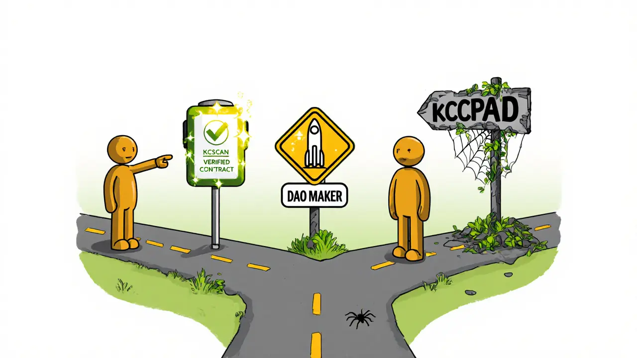 Three figures at a crossroads: one走向 a verified contract, another toward a new launchpad, the third at a decaying KCCPAD sign.