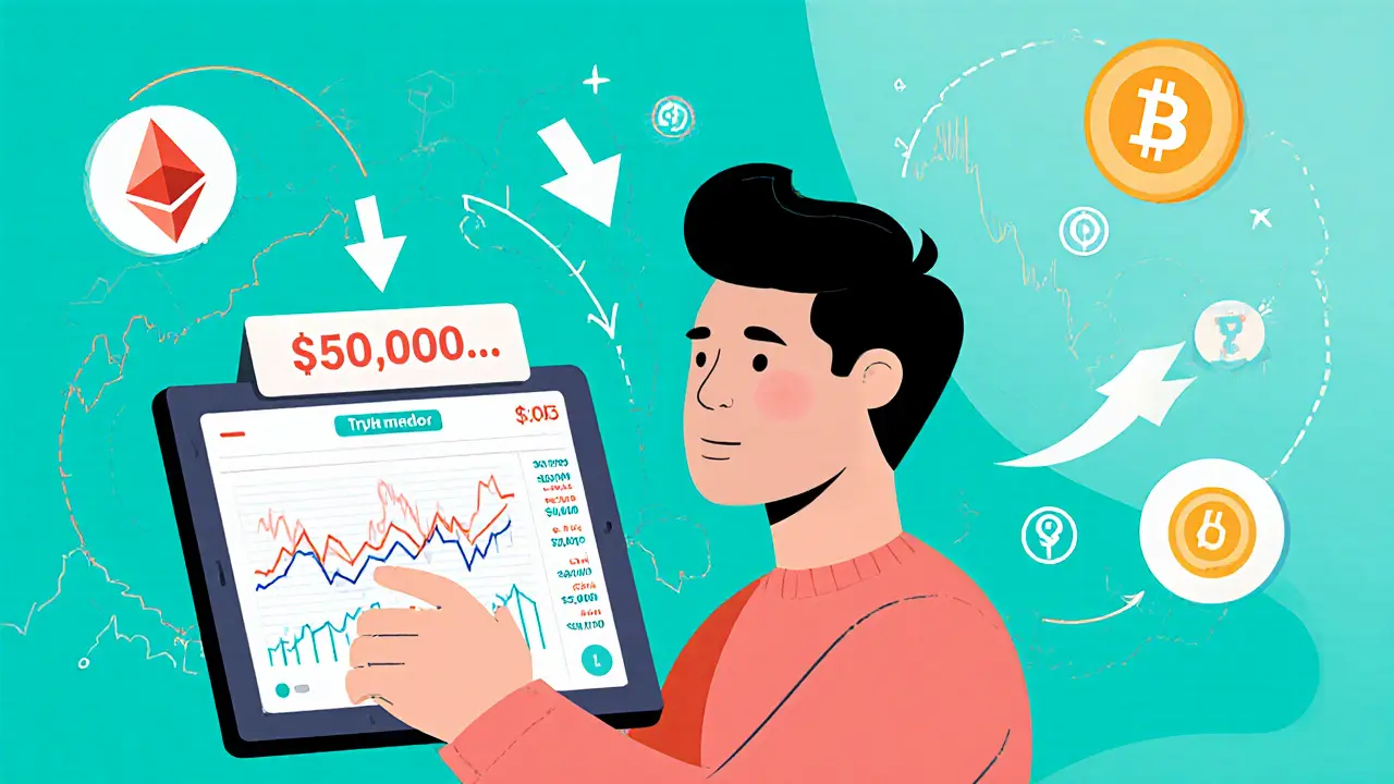 Trader placing limit and TWAP orders on a tablet, with animated split trades and low gas fees shown visually.