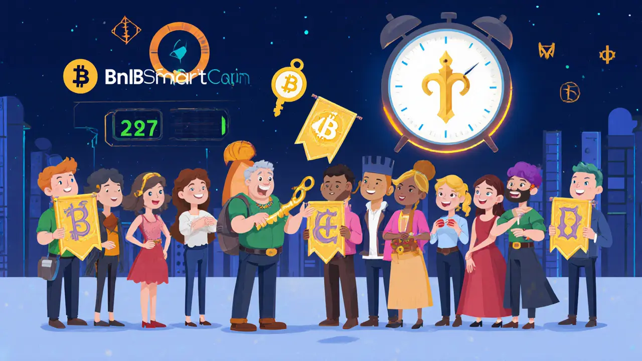 A line of cartoon characters receiving unique NFTs as a countdown shows 497 left, with CMC and LFW symbols in the sky.