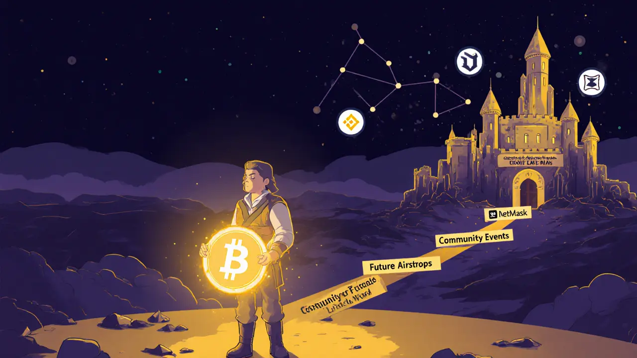 An adventurer holds a glowing NFT that reveals paths to DeFi and community features, with a transformed fantasy castle in distance.