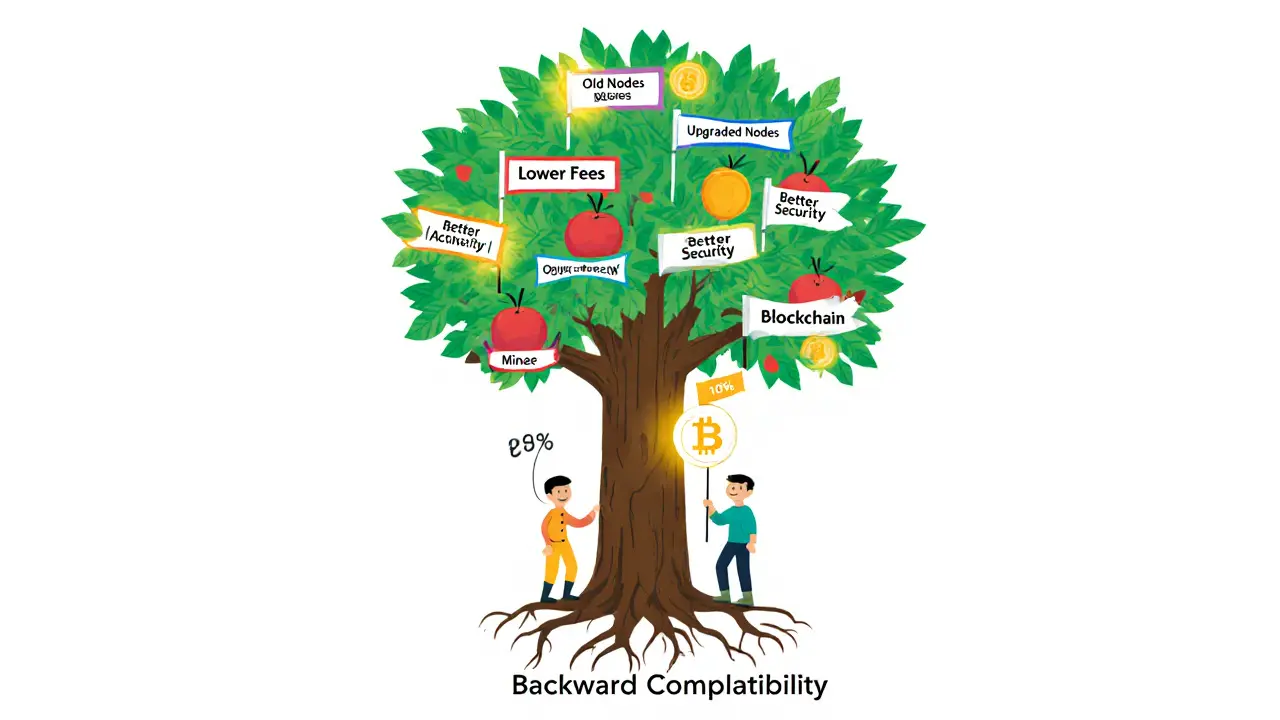 Blockchain tree with old and upgraded branches, miners placing activation flags, roots labeled &#039;Backward Compatibility&#039;.