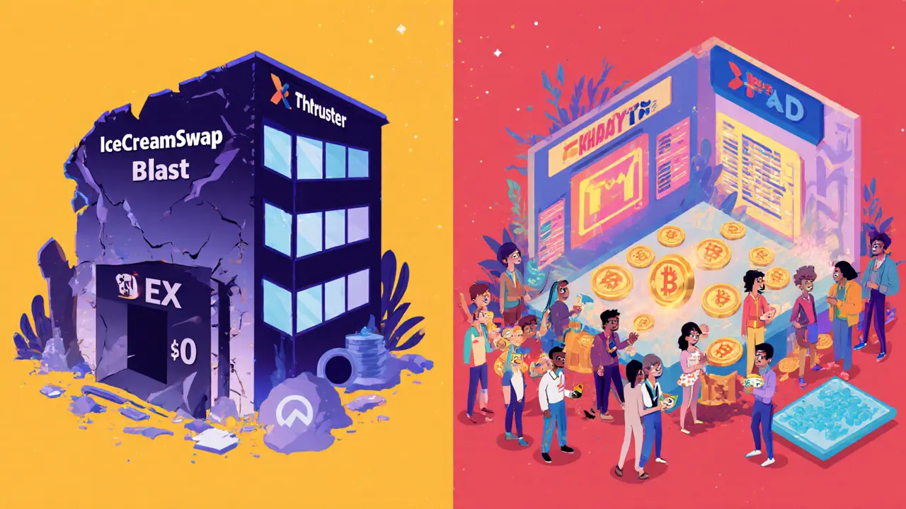 Contrasting active Thruster Finance hub versus abandoned IceCreamSwap building.