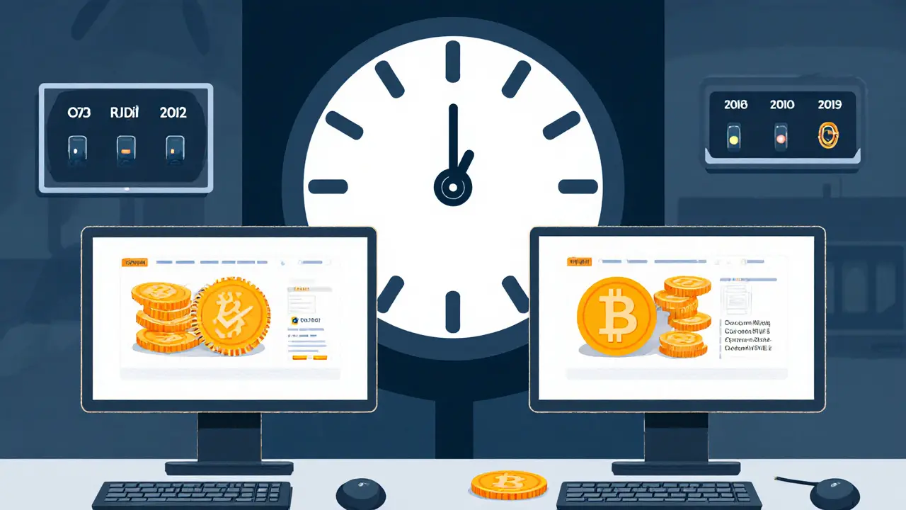 Control room with old and new computers validating Bitcoin blocks, miners flipping switches as time passes.