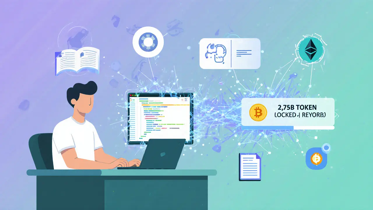 Developer coding with FORWARD tokens and blockchain icons floating around their workspace.