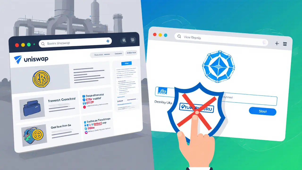Side-by-side comparison of legitimate crypto exchange vs. fake Dexko scam site