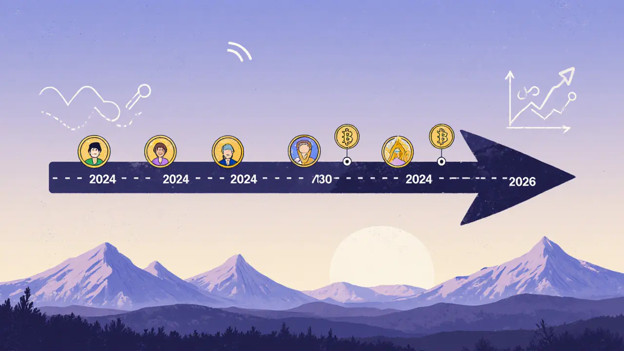 Timeline showing FORWARD tokens unlocking gradually from 2024 to 2026 through community participation.
