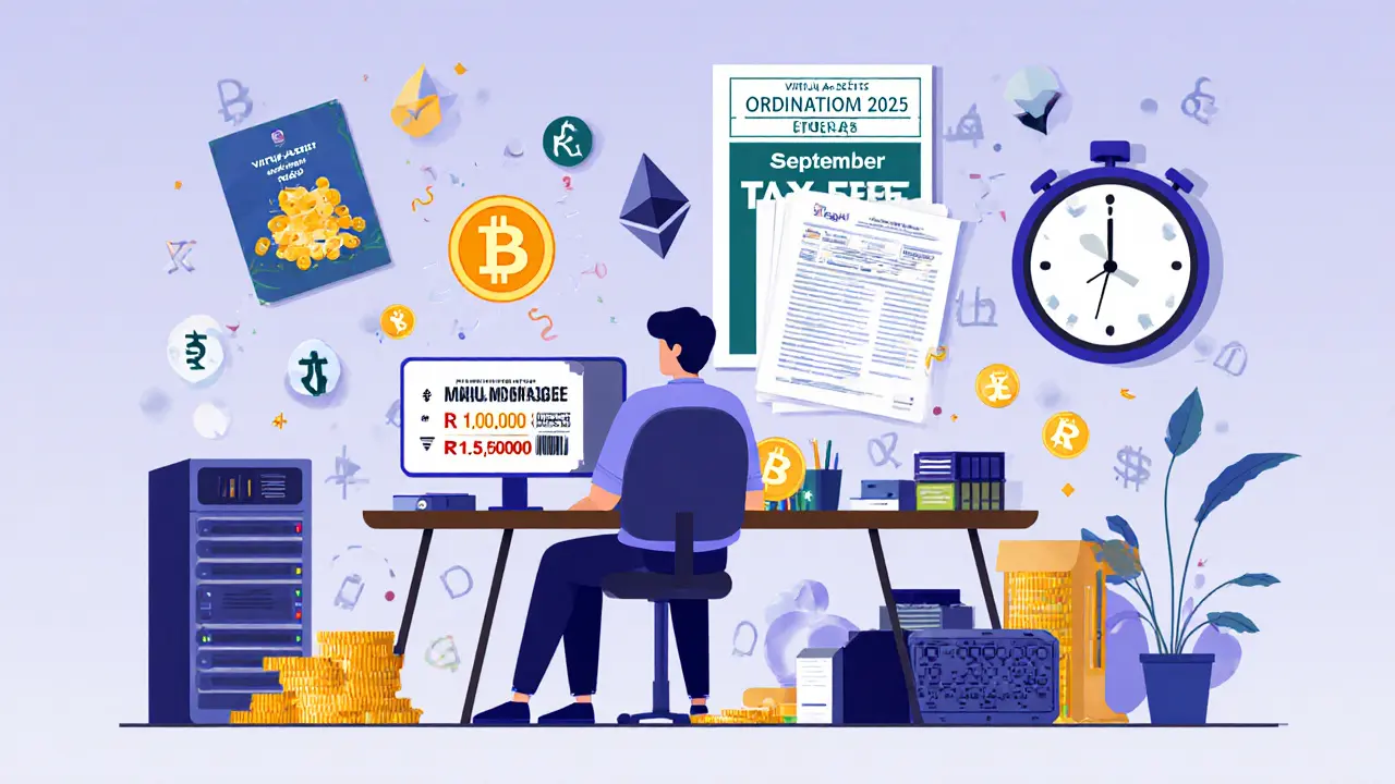 A crypto trader calculating taxes on profits, surrounded by digital assets and tax forms under Pakistan&#039;s 2025 regulations.
