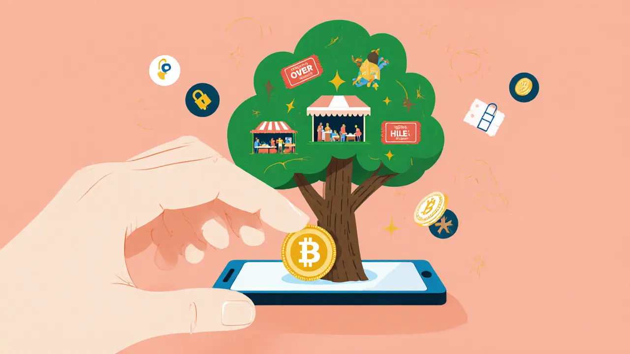 A hand staking an OVER token, with a tree of real-world tickets growing from a smartphone.