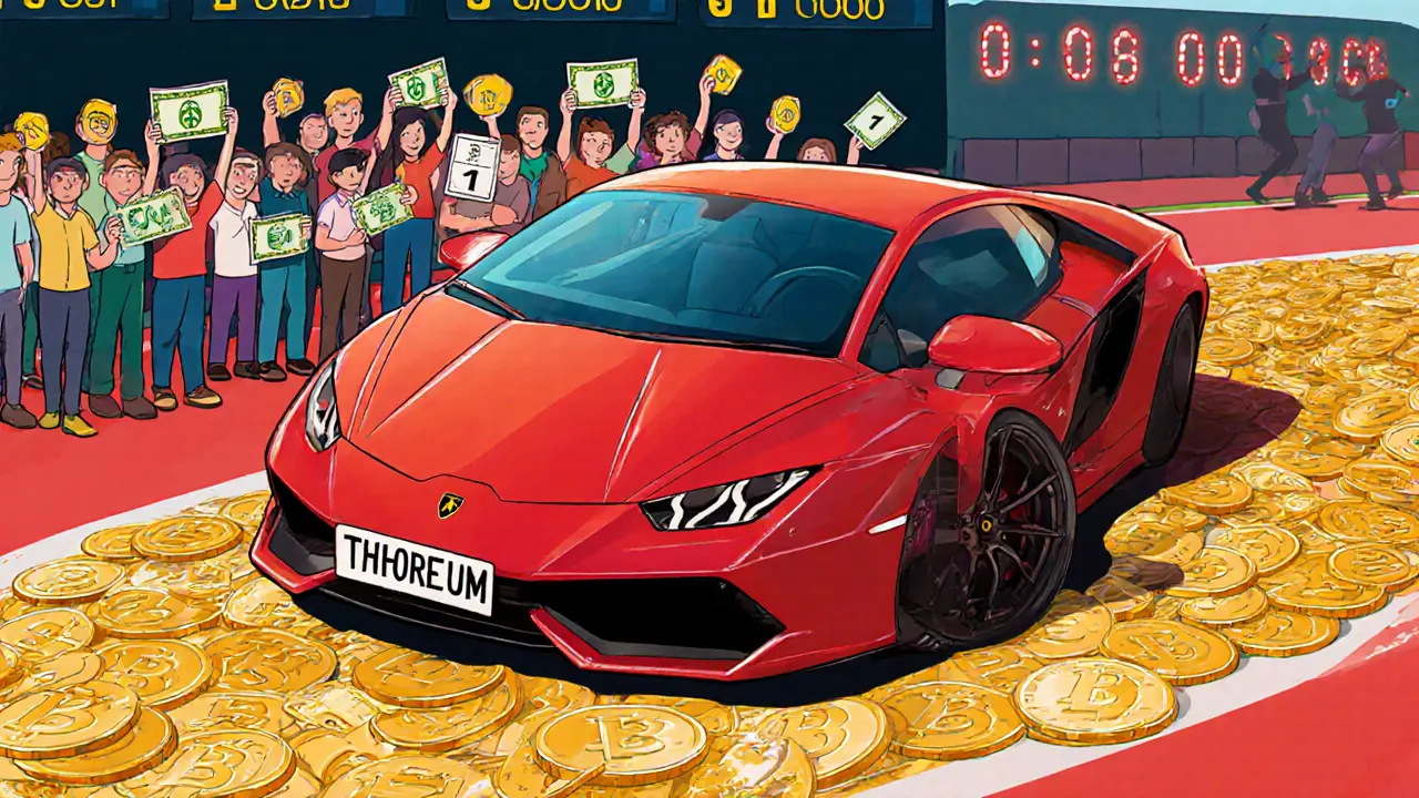 Lamborghini on crypto-themed track with holders holding THOREUM tokens as lottery entries.