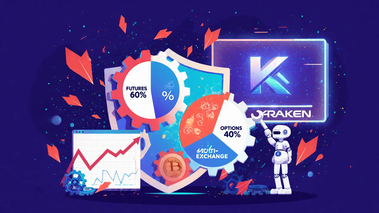 Multi-layered hedge shield protecting crypto assets from a market storm, with AI adjusting it in real-time.