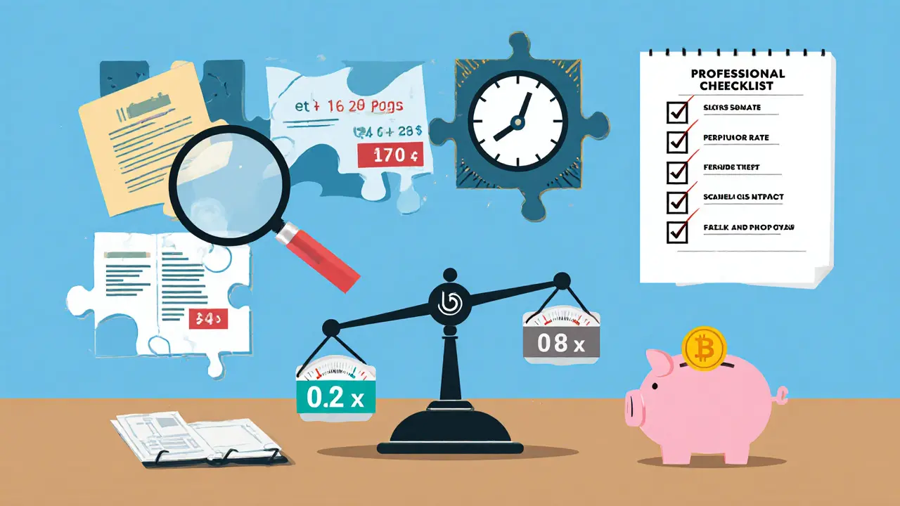 Trader’s desk with four crypto hedging tools arranged as puzzle pieces and a balance scale showing ratios.