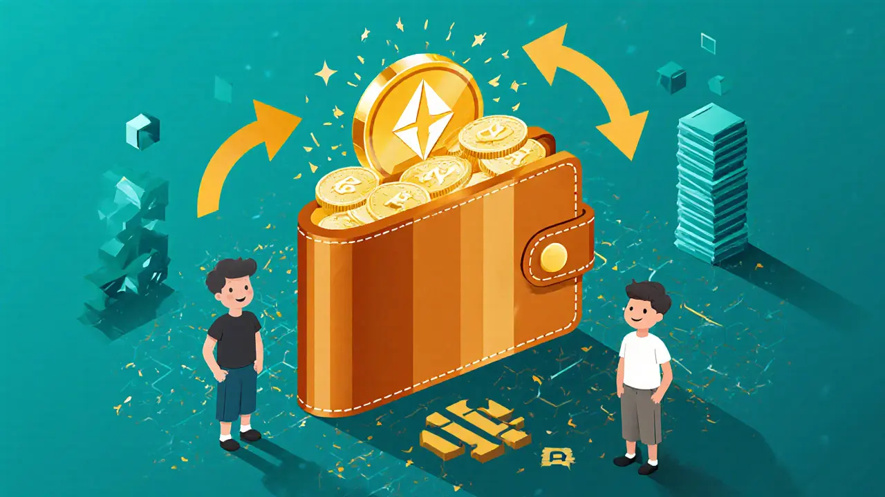 Wallet receiving glowing transaction reflections from traders on a blockchain network.