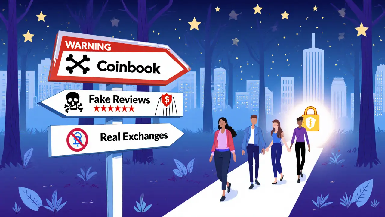 Warning signpost in a digital forest pointing to scam and safe crypto exchange paths.