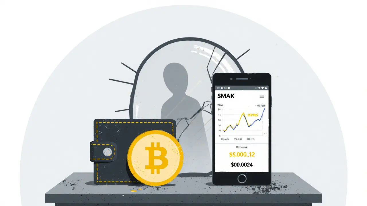 A forgotten wallet showing a near-zero SMAK balance, beside a plummeting price graph in a deserted room.