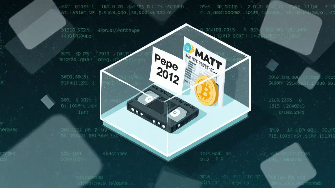 A fragile glass time capsule containing Pepe memorabilia floating in a digital void.