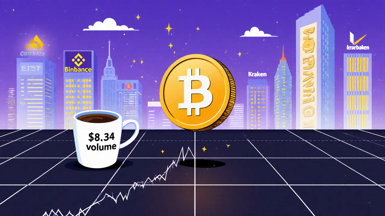 A tiny UBEX token beside a coffee cup on an empty trading chart, ignored by major exchanges.
