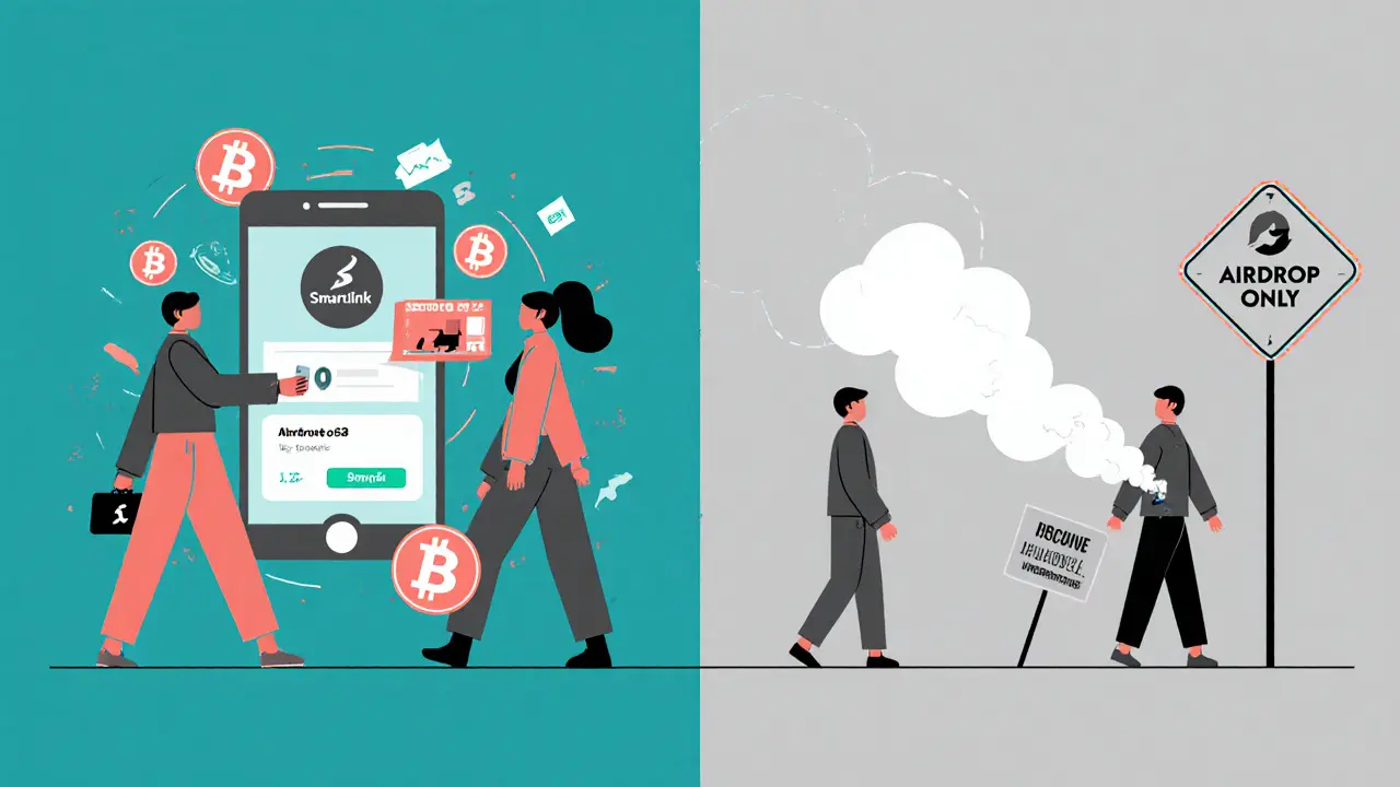 Contrasting scenes: active Smartlink escrow use on left, abandoned tokens and fading users on right.