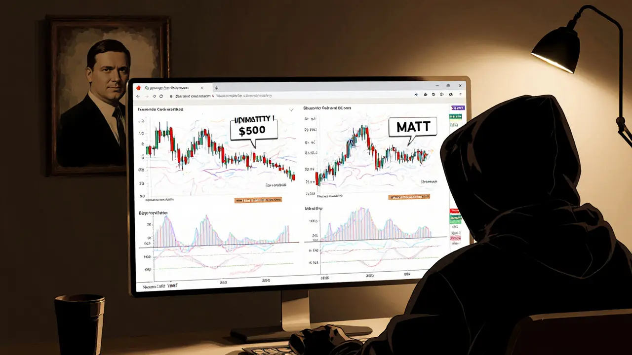 Crypto trading screen with a violent MATT price spike and Matt Furie&#039;s portrait in the background.